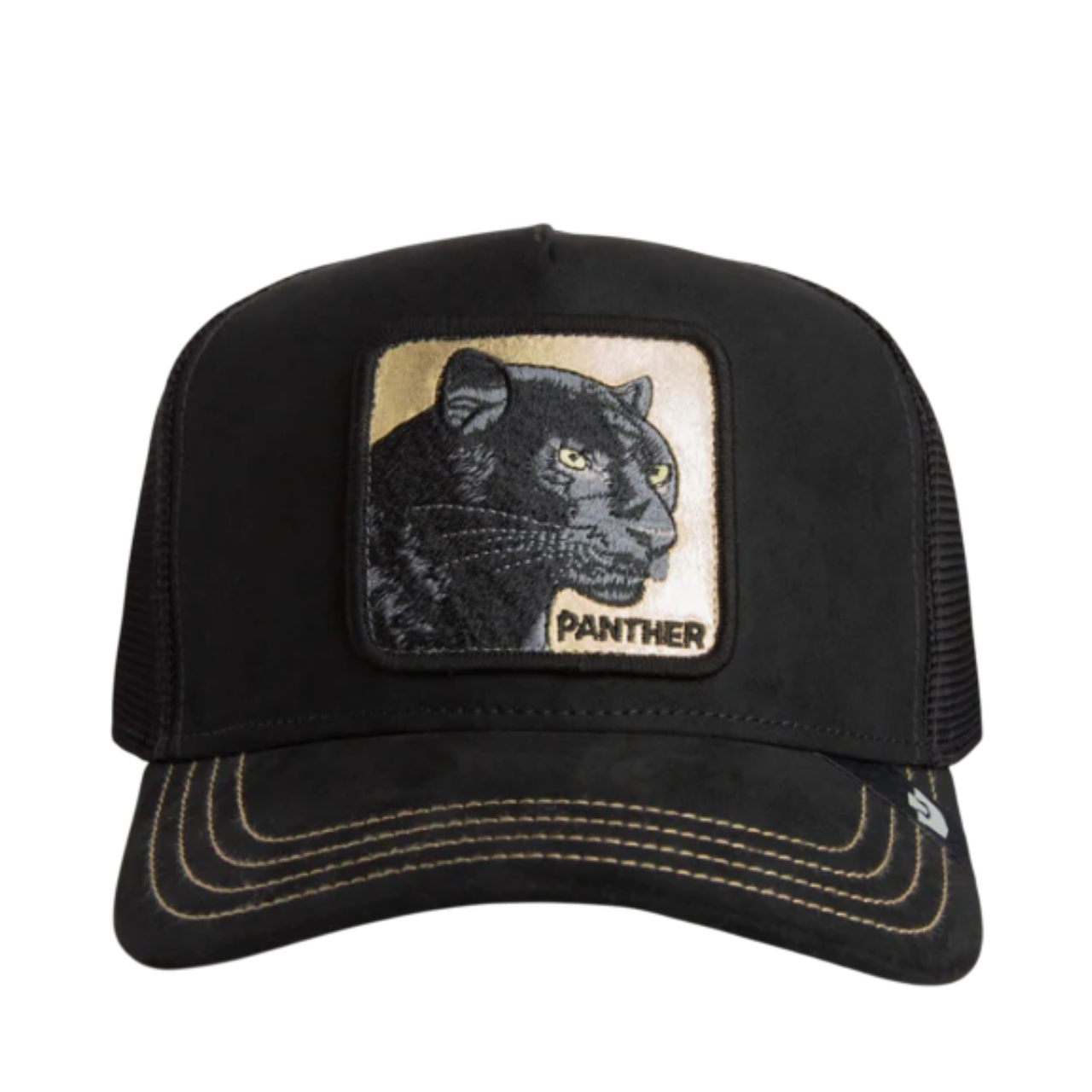 Front View of Goorin Bros Golden Panther Black Trucker Mesh Snapback