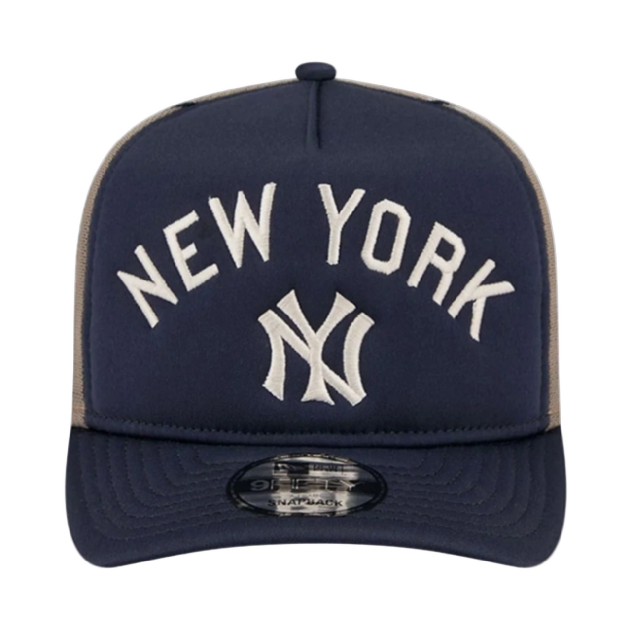 Front of New Era New York Yankees Vintage Arched Foam Front 9FIFTY A-Frame Adjustable Trucker Hat