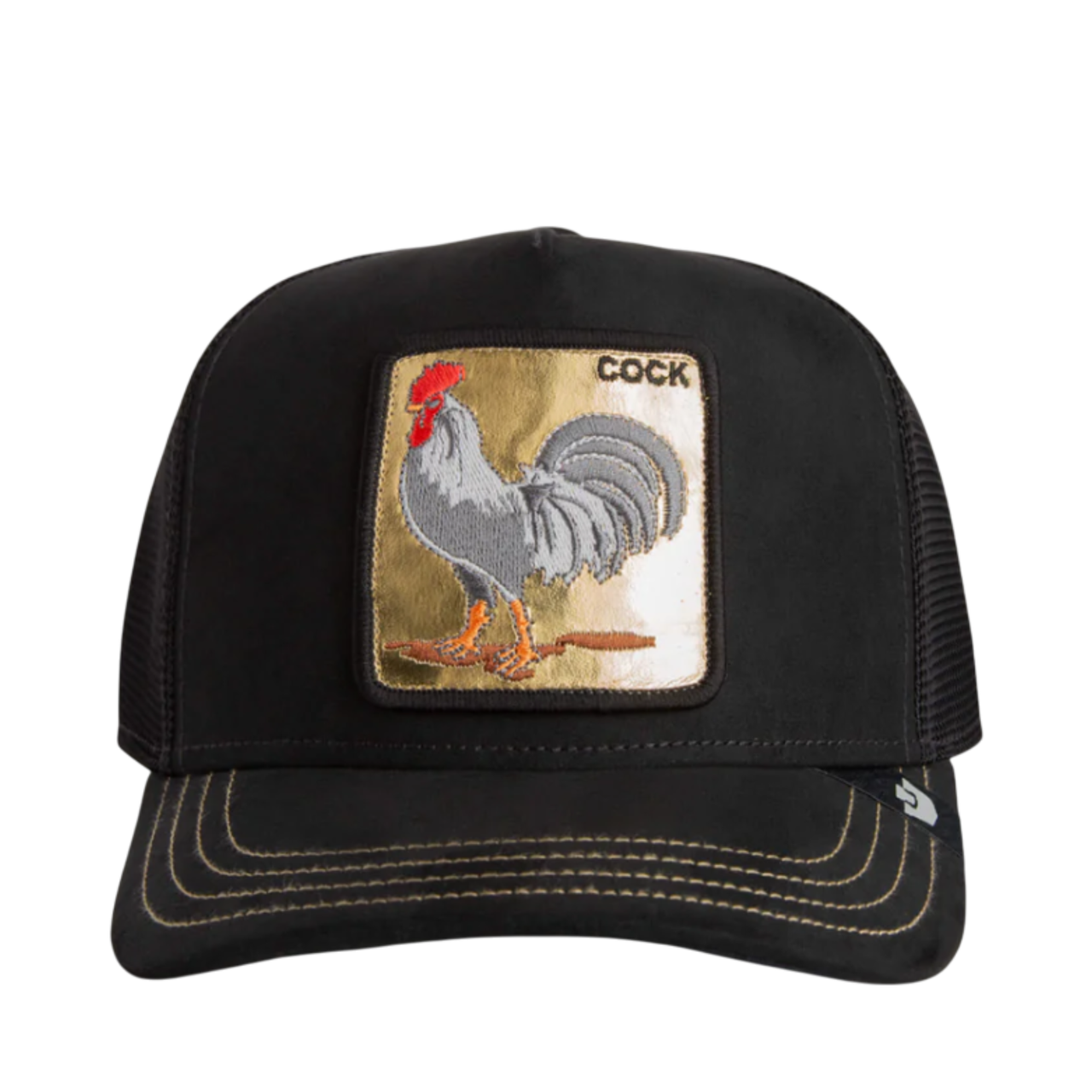 Front View of Goorin Bros Golden Cock Black Trucker Snapback Hat