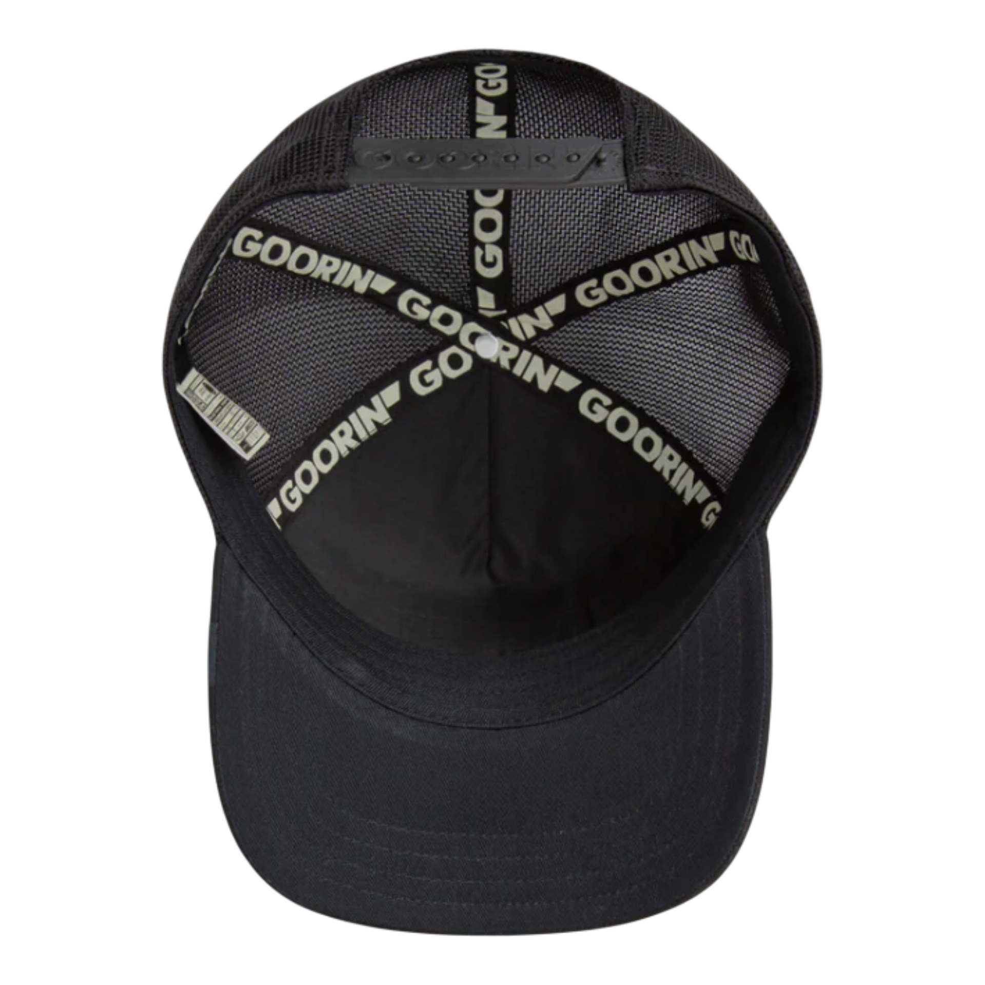 Under Visor of Goorin Bros Golden Panther Black Trucker Mesh Snapback