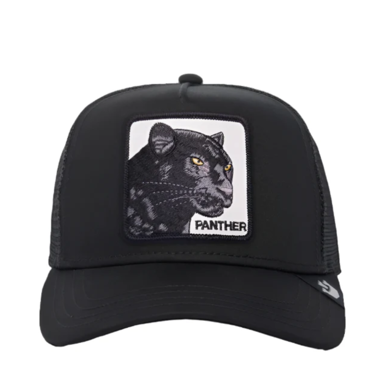 Front View of Goorin Bros The Panther Black Trucker Mesh Snapback