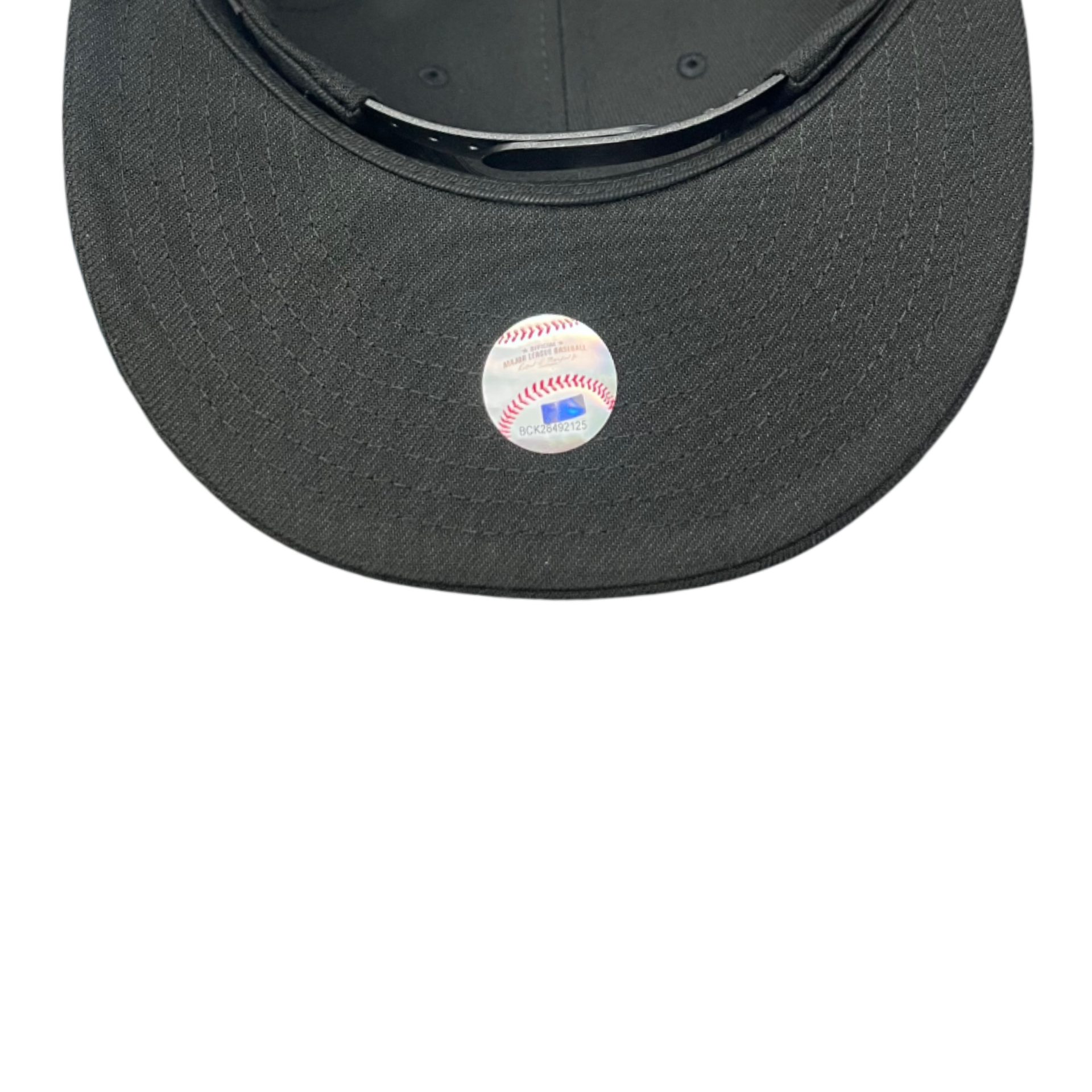 Black baseball cap with a baseball logo on the brim against a white background