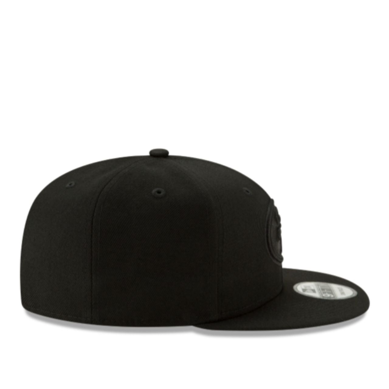 Side View of New Era San Francisco 49ers Black on Black 9FIFTY Snapback Hat