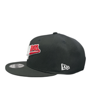 Black cap with red and white logo on a white background