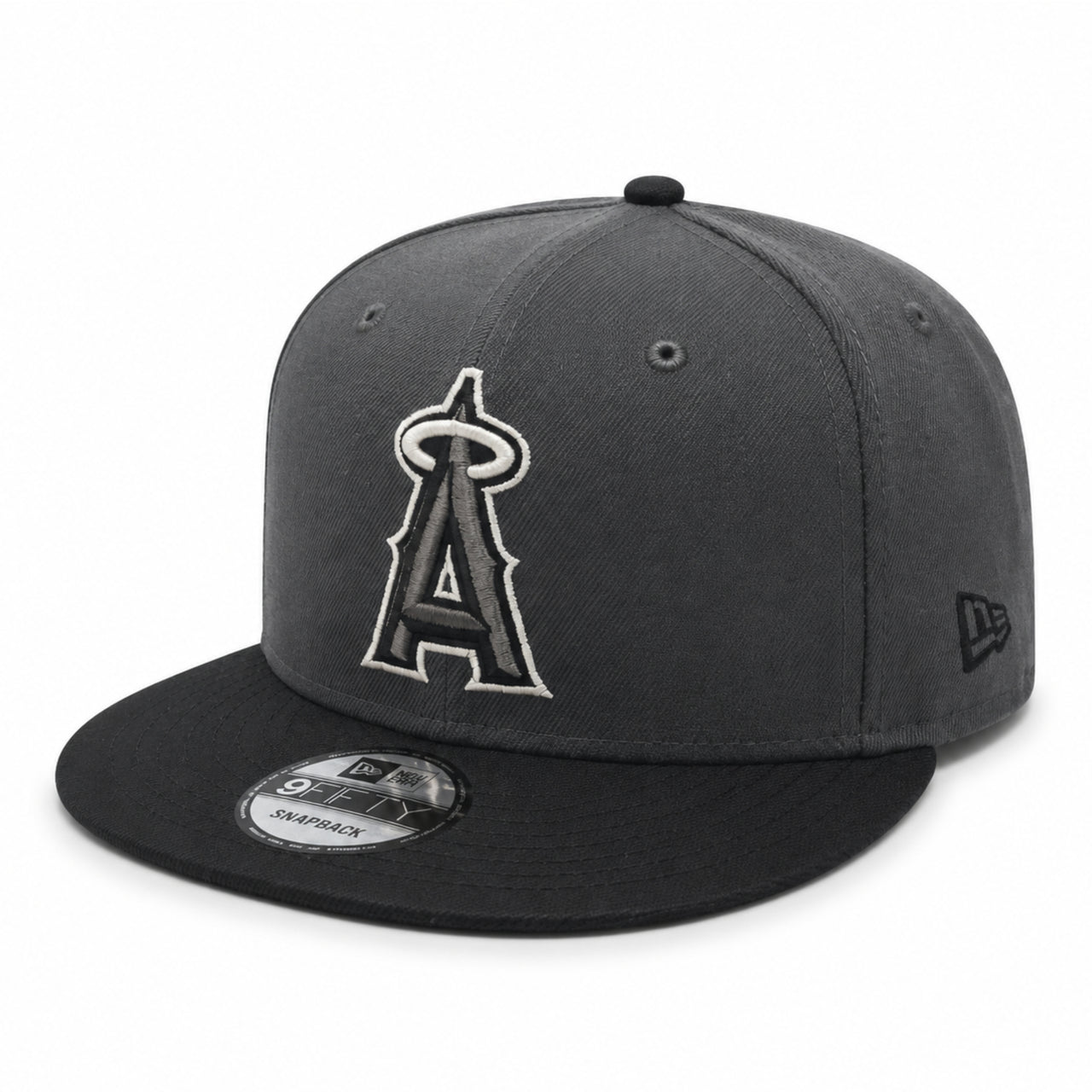 New Era Los Angeles Anaheim Angels Graphite Black 9FIFTY Snapback Hat front angle view