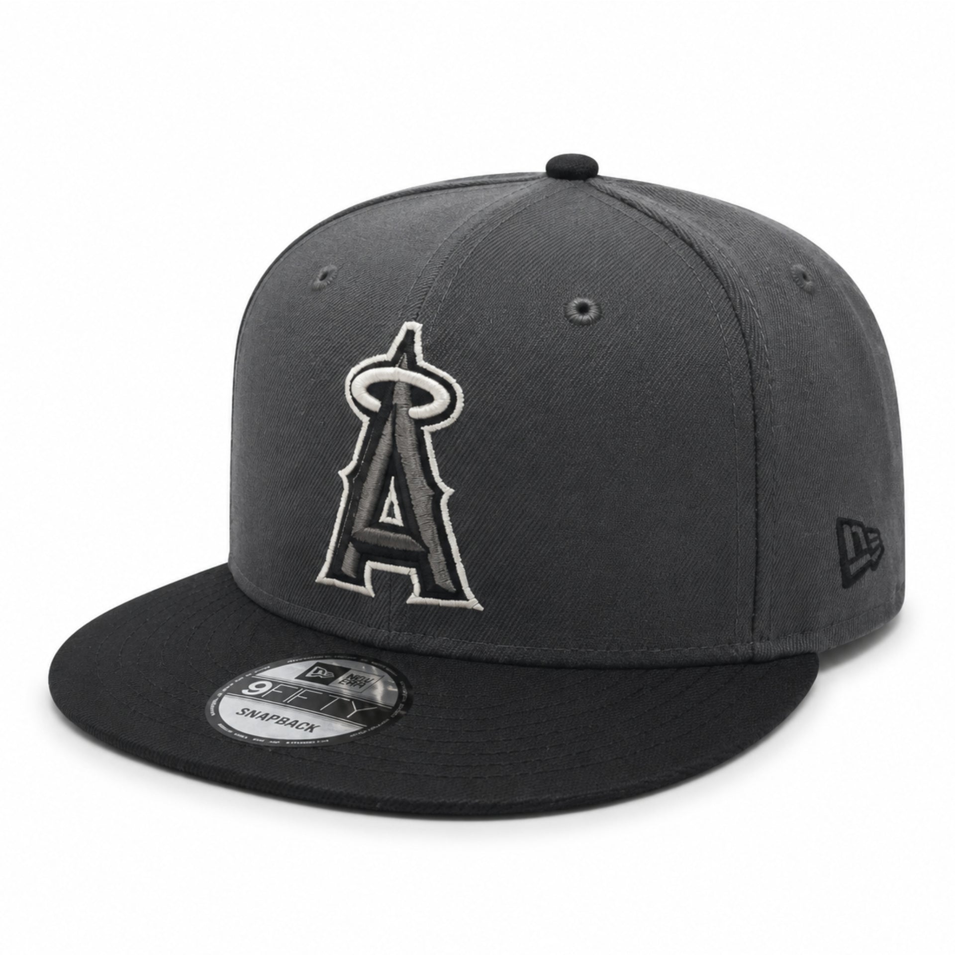 New Era Los Angeles Anaheim Angels Graphite Black 9FIFTY Snapback Hat front angle view