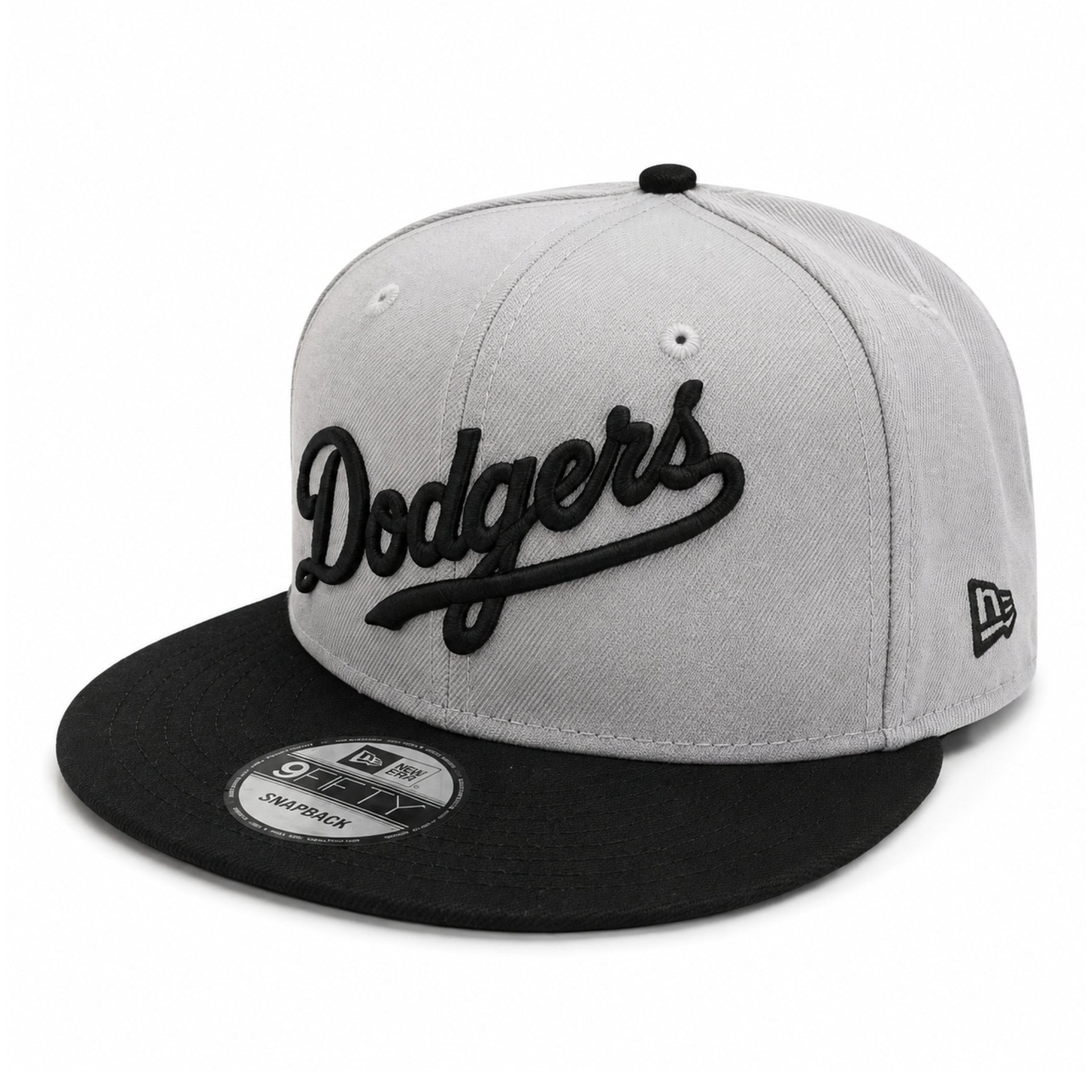 New Era Los Angeles Dodgers Script Gray/Black 9FIFTY Snapback Hat front angle view