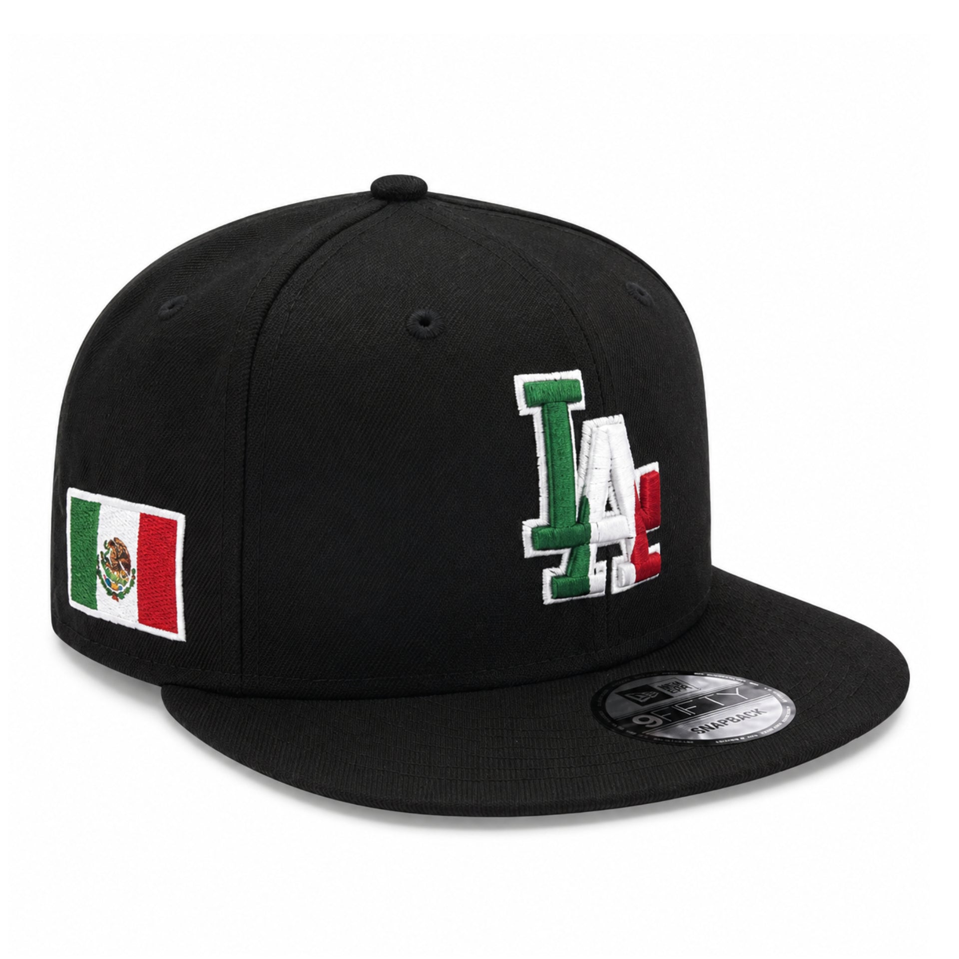 New Era Los Angeles Dodgers Mexico Flag Black 9FIFTY Snapback front angle view