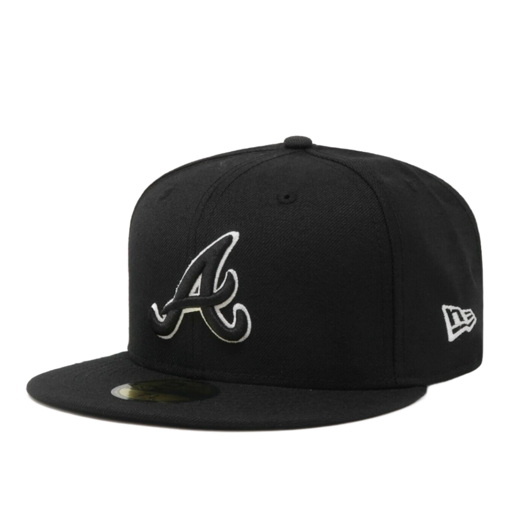 Front View of New Era Atlanta Braves Black Black White Outlined 59FIFTY Fitted Hat