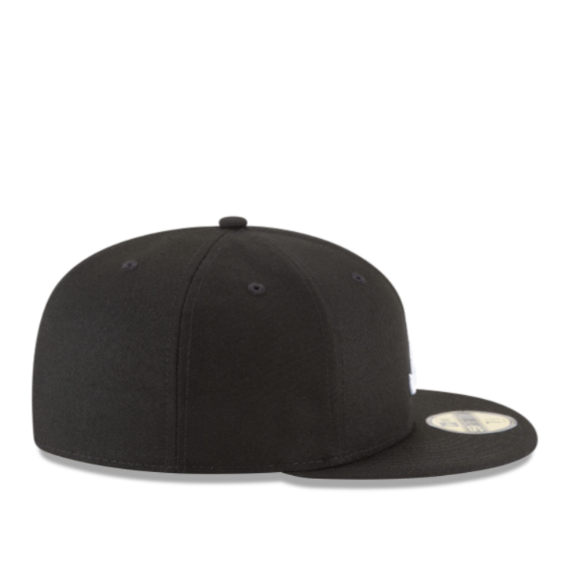 Side View of Front View of New Era Atlanta Braves Black Black White Outlined 59FIFTY Fitted Hat