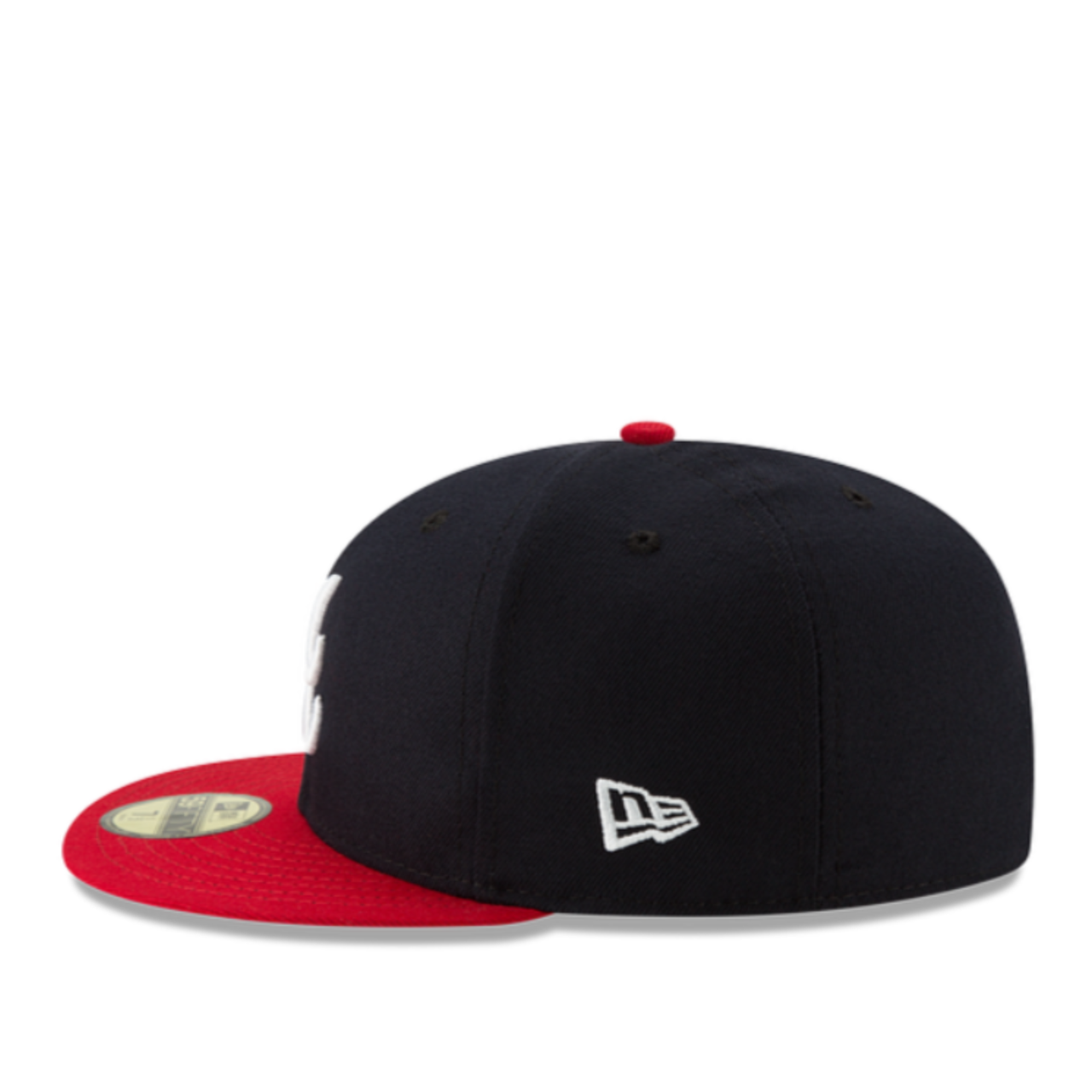 Side View of Front View of New Era Atlanta Braves Navy Red 2 Tone Basic Authentic Collection 59FIFTY Fitted Hat