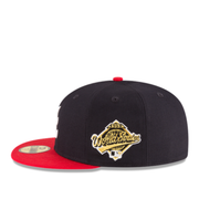 Side View of New Era MLB Atlanta Braves Navy Red 2 Tone World Series 1995 Side Patch 59Fifty Fitted Hat