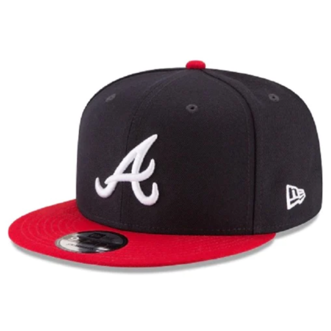 Front view of New Era Atlanta Braves Navy and red 9FIFTY snapback hat