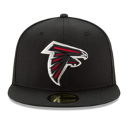 Front view of New Era Atlanta Falcons black 59FIFTY fitted hat with red logo