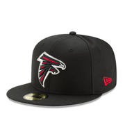 Front Side view of New Era Atlanta Falcons black 59FIFTY fitted hat with red logo
