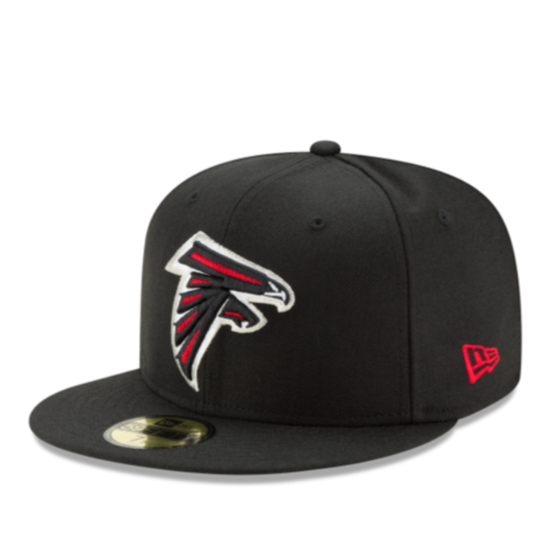 Front Side view of New Era Atlanta Falcons black 59FIFTY fitted hat with red logo