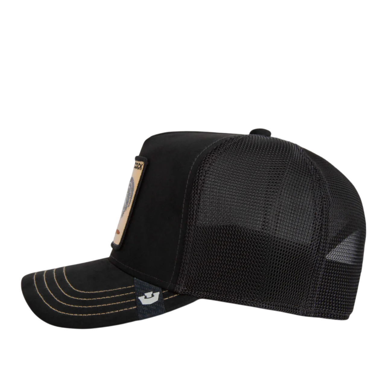 Side View of Goorin Bros Golden Cock Black Trucker Snapback Hat