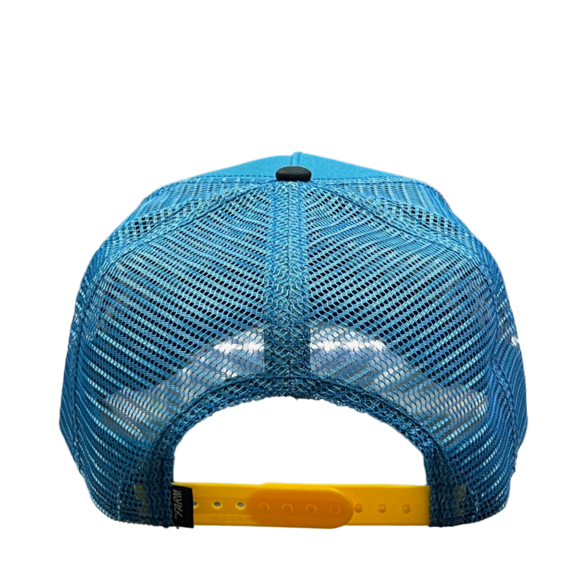 back side of goorin bros ambush jaguar teal trucker snapback hat