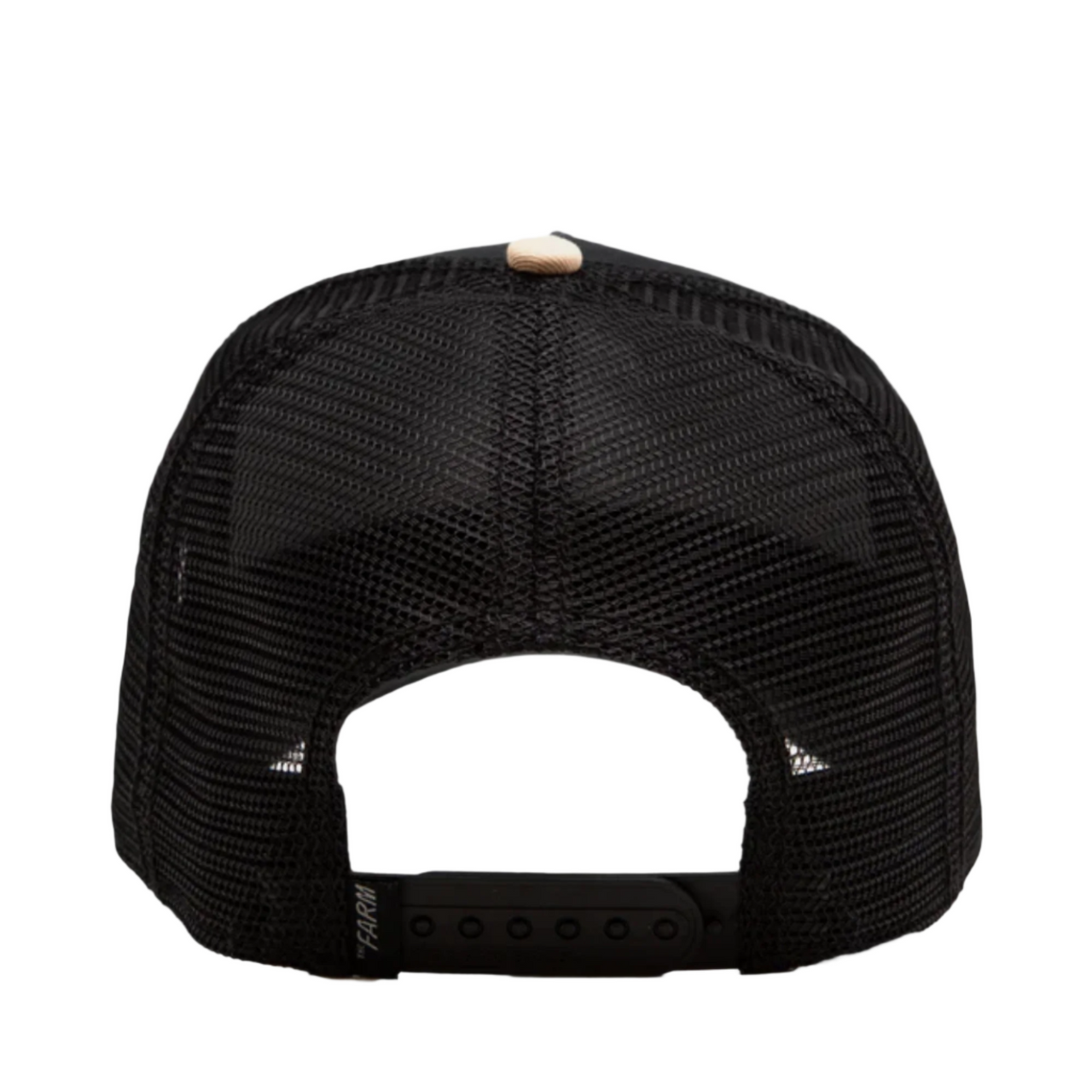 back of Goorin Bros The Amigo Dog Black and Khaki 2 tone mesh trucker snapback hat