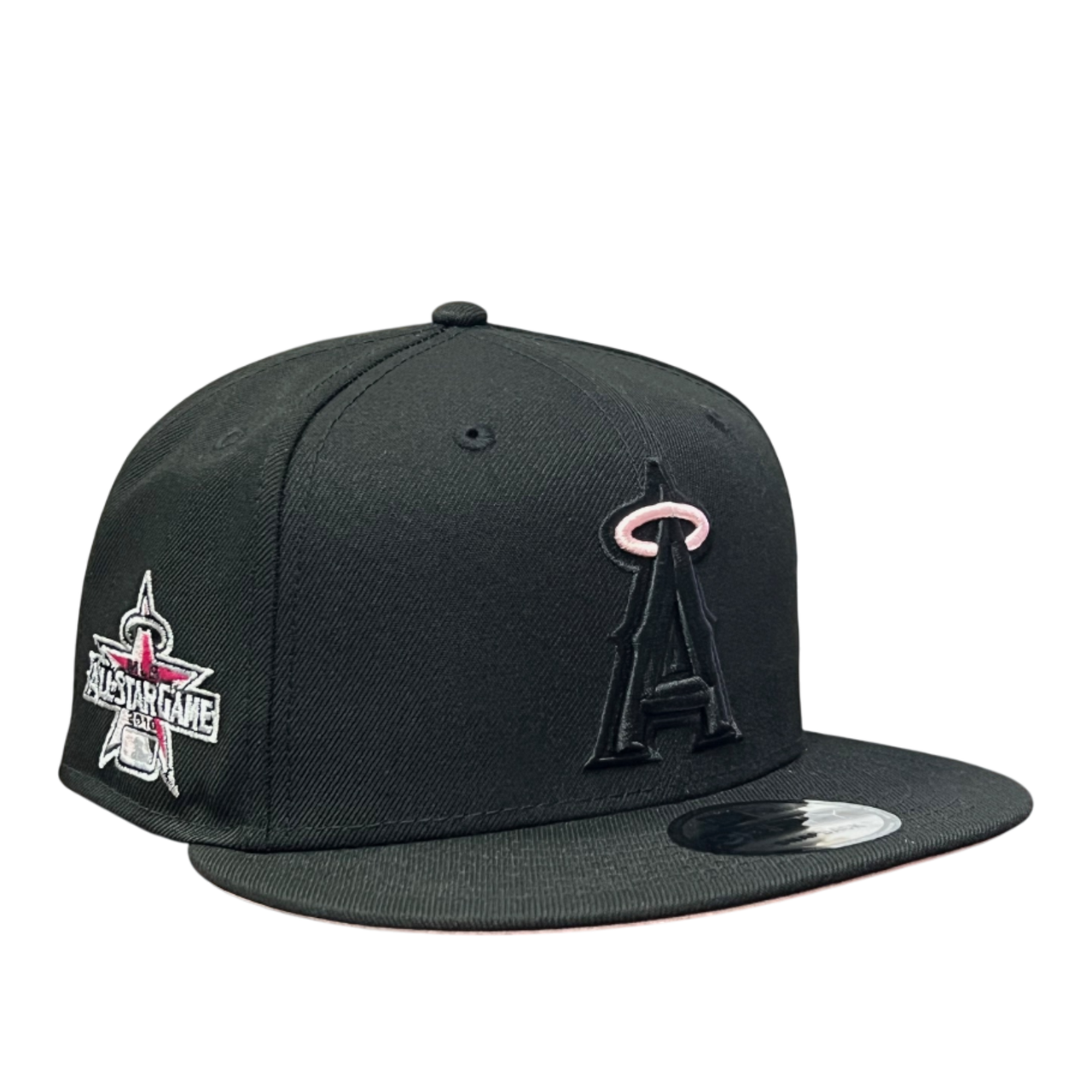 New Era Los Angeles Anaheim Angels Black on Black Pink Halo 9FIFTY Snapback Hat
