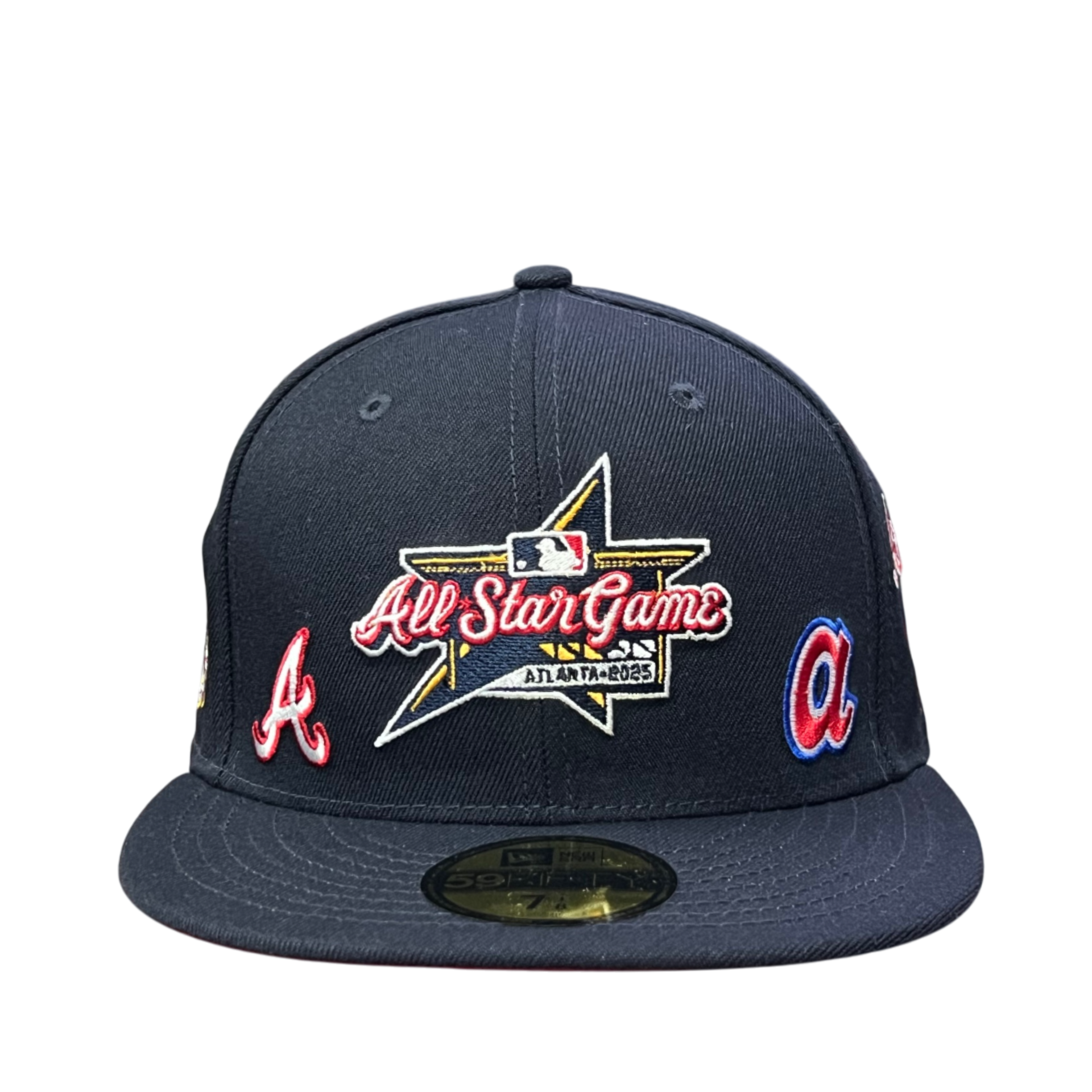 front of Atlanta Braves Multi Logo ASG G1 Navy 59FIFTY Fitted Hat