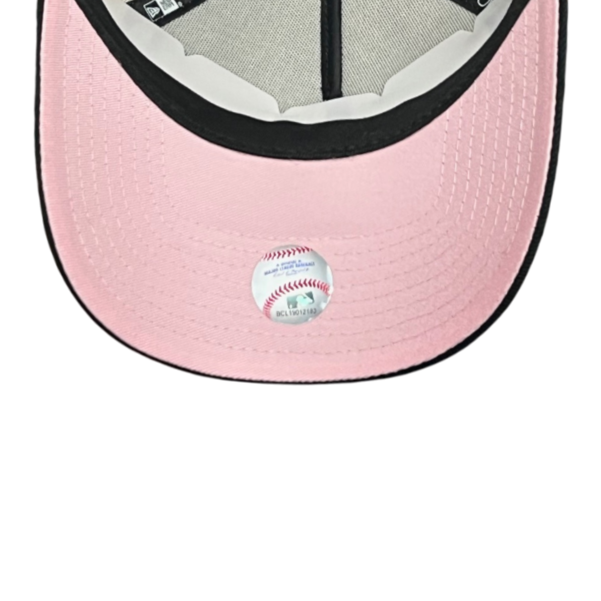 pink bottom of New Era Atlanta Braves Roses Chrome Black Pink A-Frame 9FORTY Snapback Hat