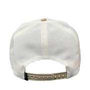 back side of the suede goat him goorin bros tan color trucker snapback hat