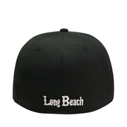 Back of New Era Long Beach State Athletics Black White 59FIFTY Fitted Hat