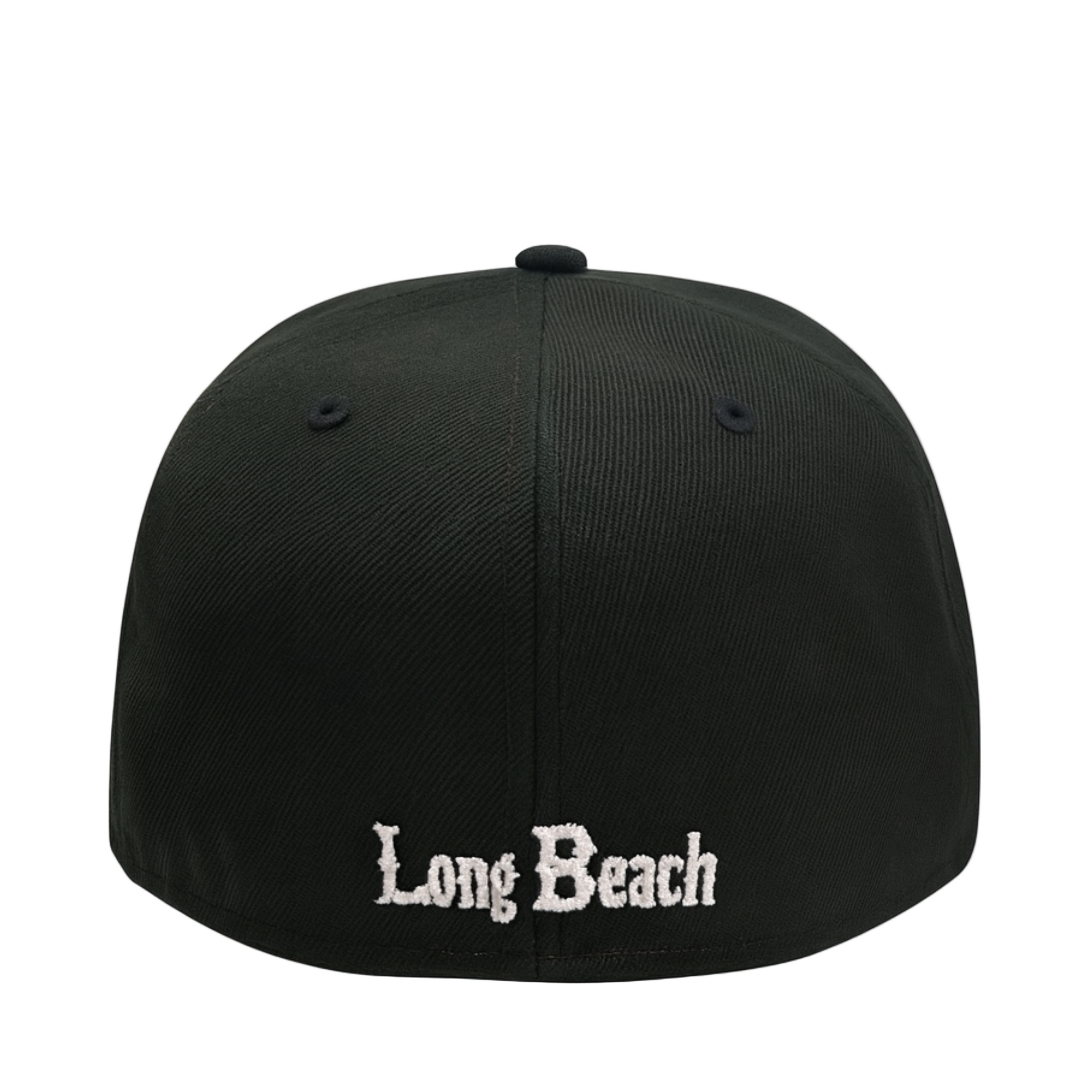 Back of New Era Long Beach State Athletics Black White 59FIFTY Fitted Hat
