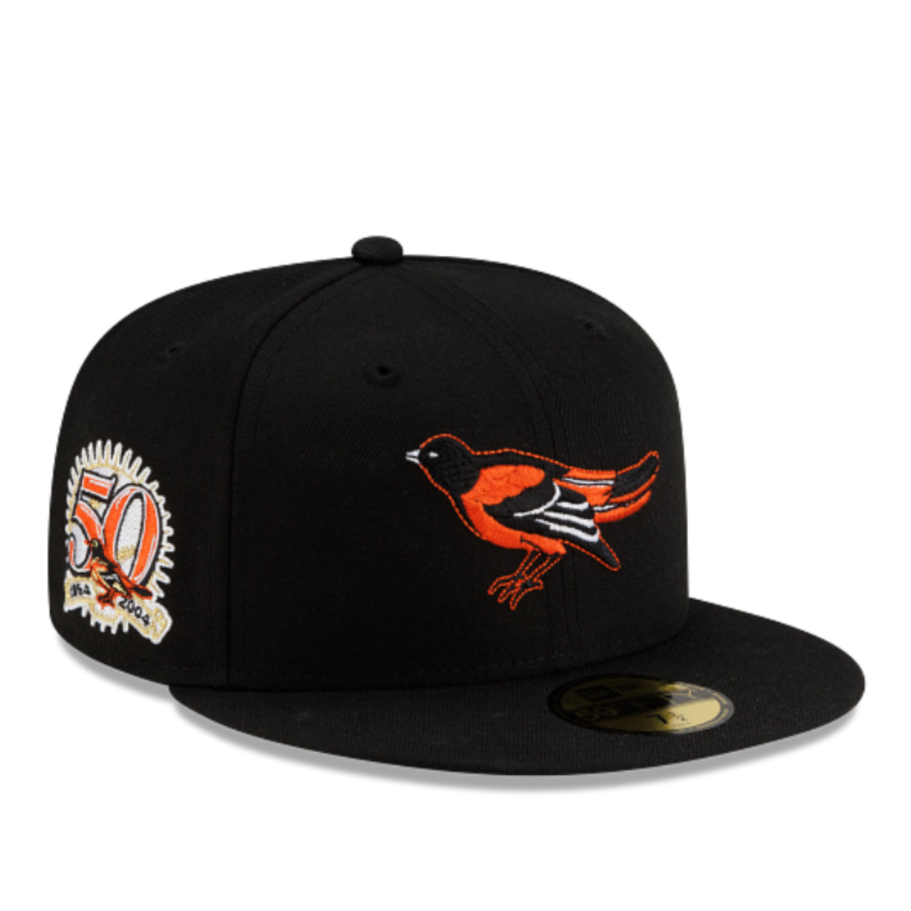 New Era Baltimore Orioles 50TH Anniversary Black 59Fifty Fitted Hat front right angle view