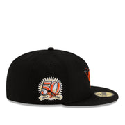 New Era Baltimore Orioles 50TH Anniversary Black 59Fifty Fitted Hat side patch view