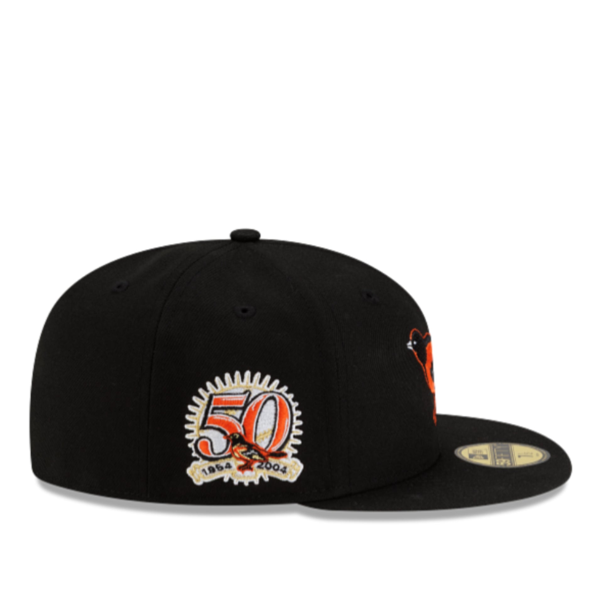 New Era Baltimore Orioles 50TH Anniversary Black 59Fifty Fitted Hat side patch view