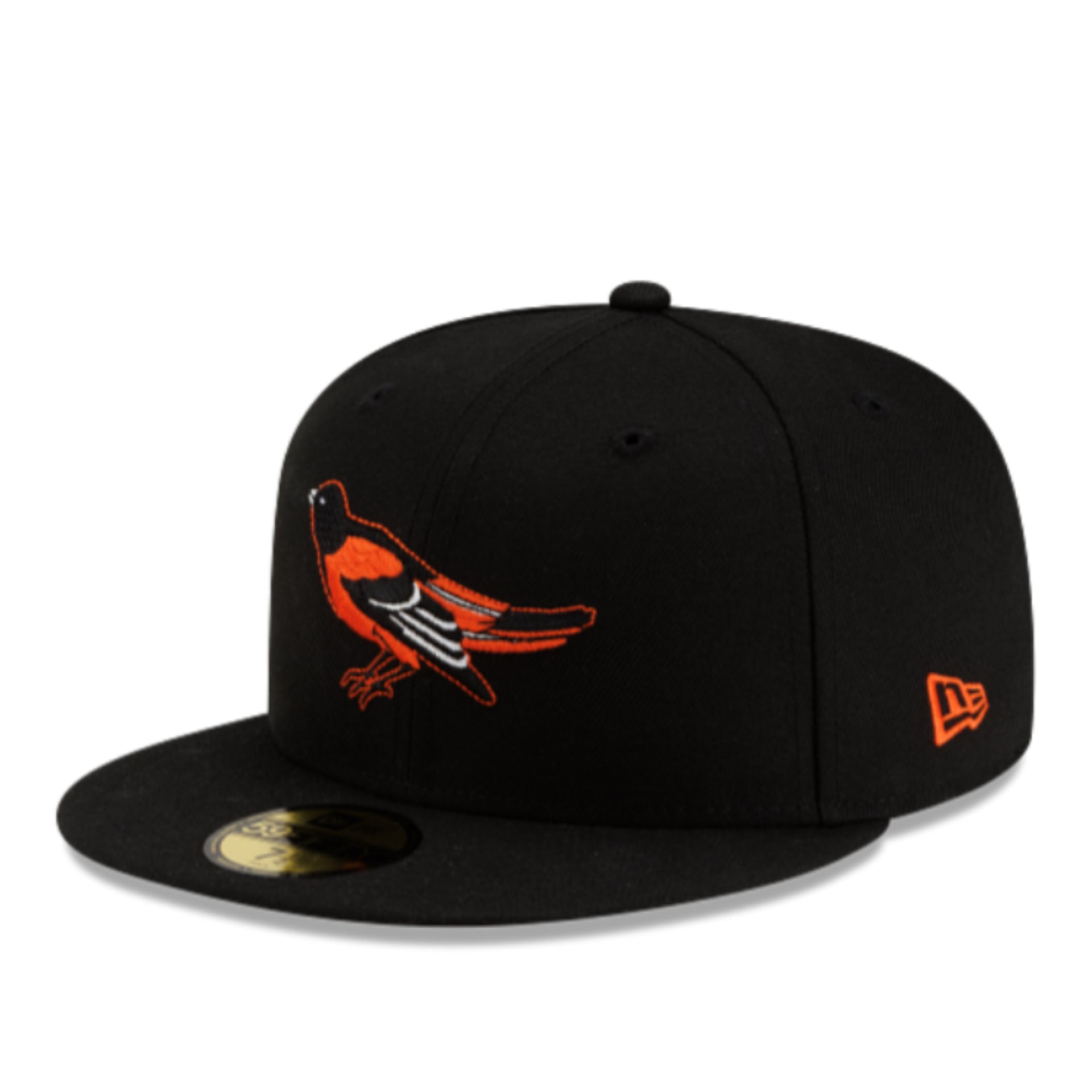 New Era Baltimore Orioles 50TH Anniversary Black 59Fifty Fitted Hat front left angle view