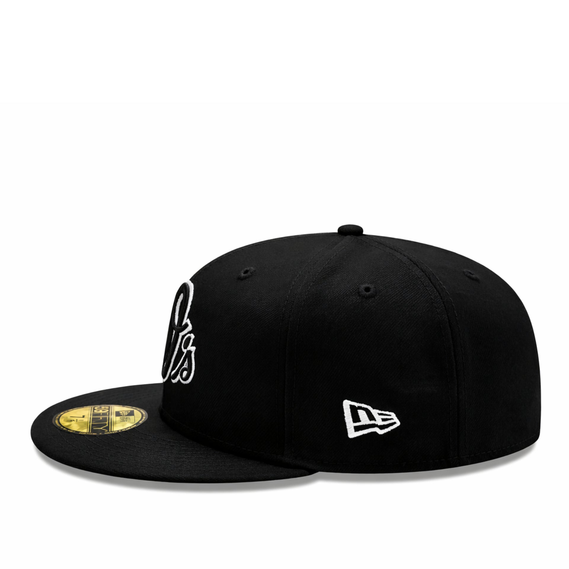 New Era Baltimore Orioles O's 59FIFTY Fitted Hat Black Black White Outlined side view