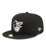 Front View of New Era Baltimore Orioles Black and White 59FIFTY Fitted Hat