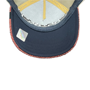 navy under visor of goorin bros cock moon rooster tweed trucker snapback hat