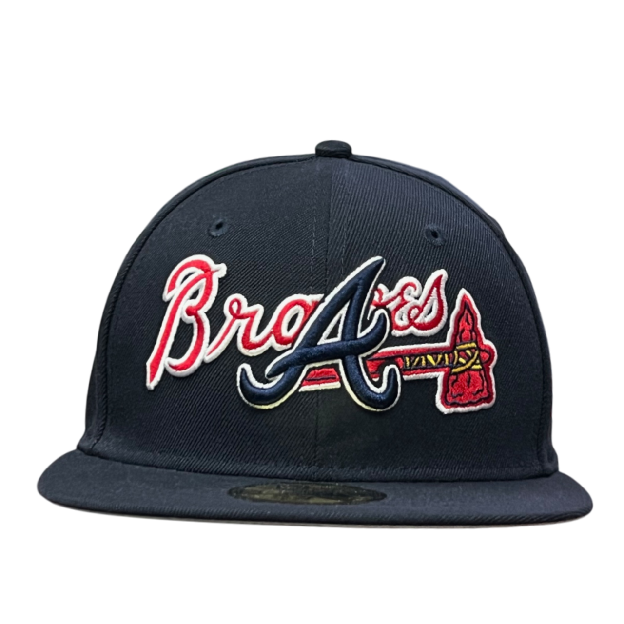 front of Atlanta Braves Overlap Navy 59FIFTY Fitted Hat