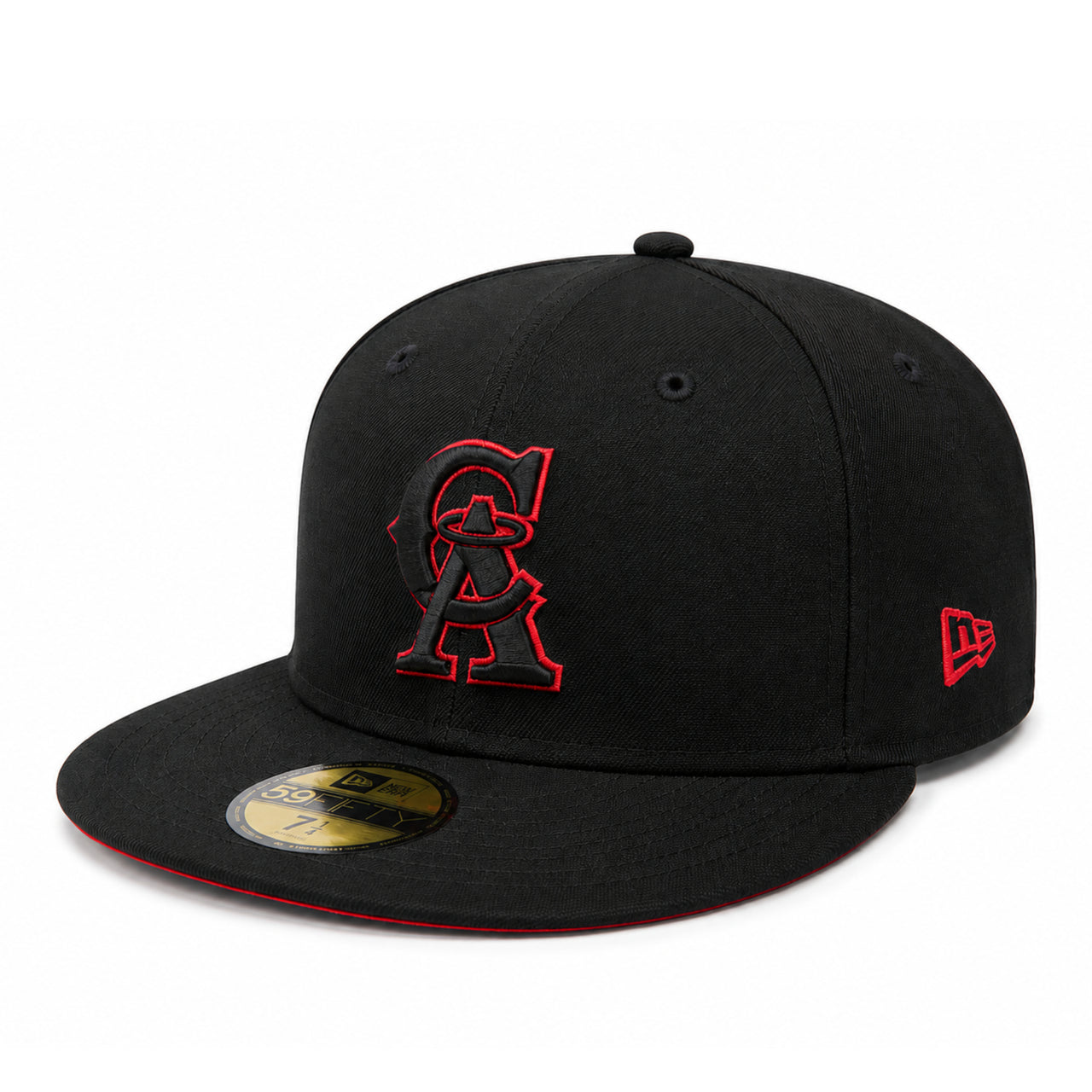 New Era Los Angeles California Angels Black Red 59FIFTY Fitted Hat front left angle view
