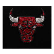 Red and white bull head logo with rhinestones on a black background