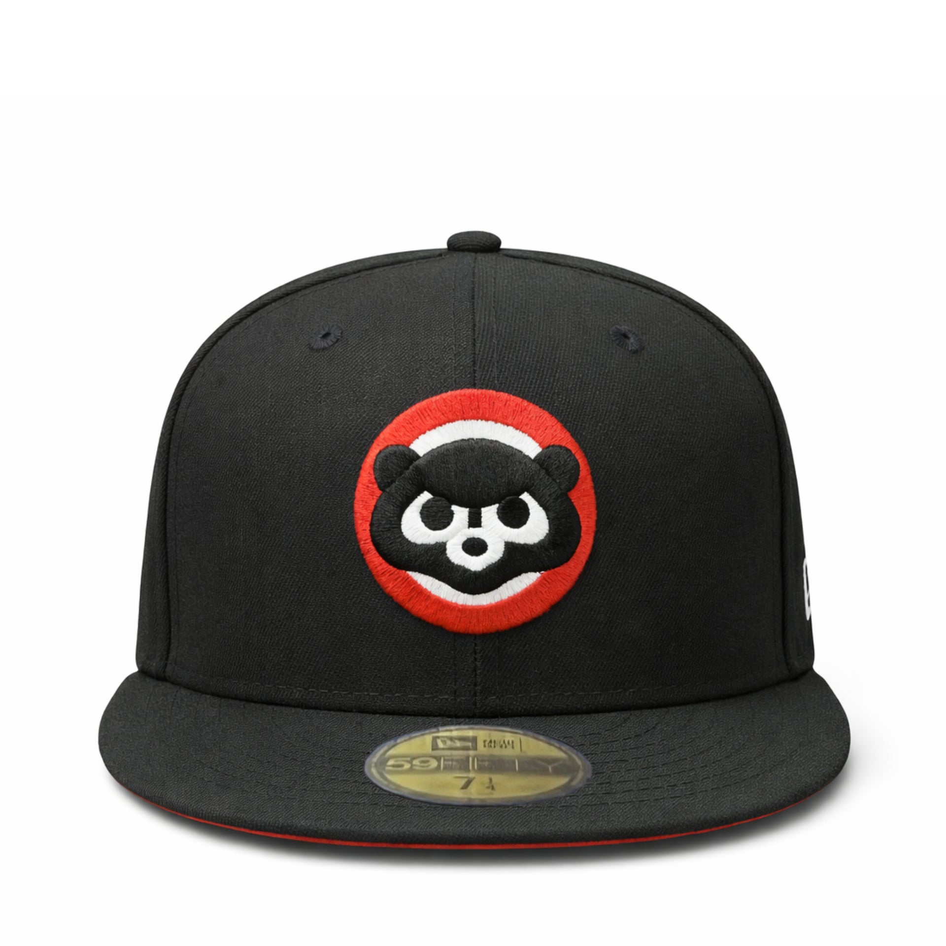Black cap with a circular chicago cubs major baseball team cooperstown logo featuring a panda design on a white background