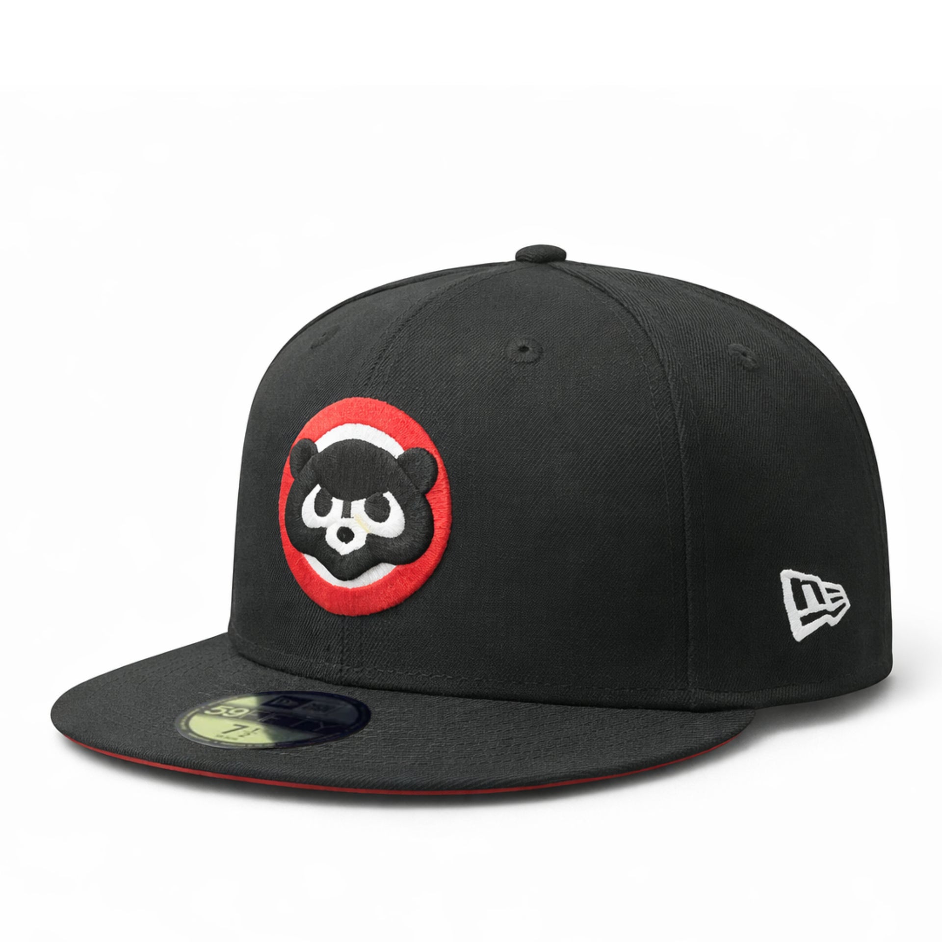 Black cap with a red and white mlb chicago cubs cooperstown logo on a white background
