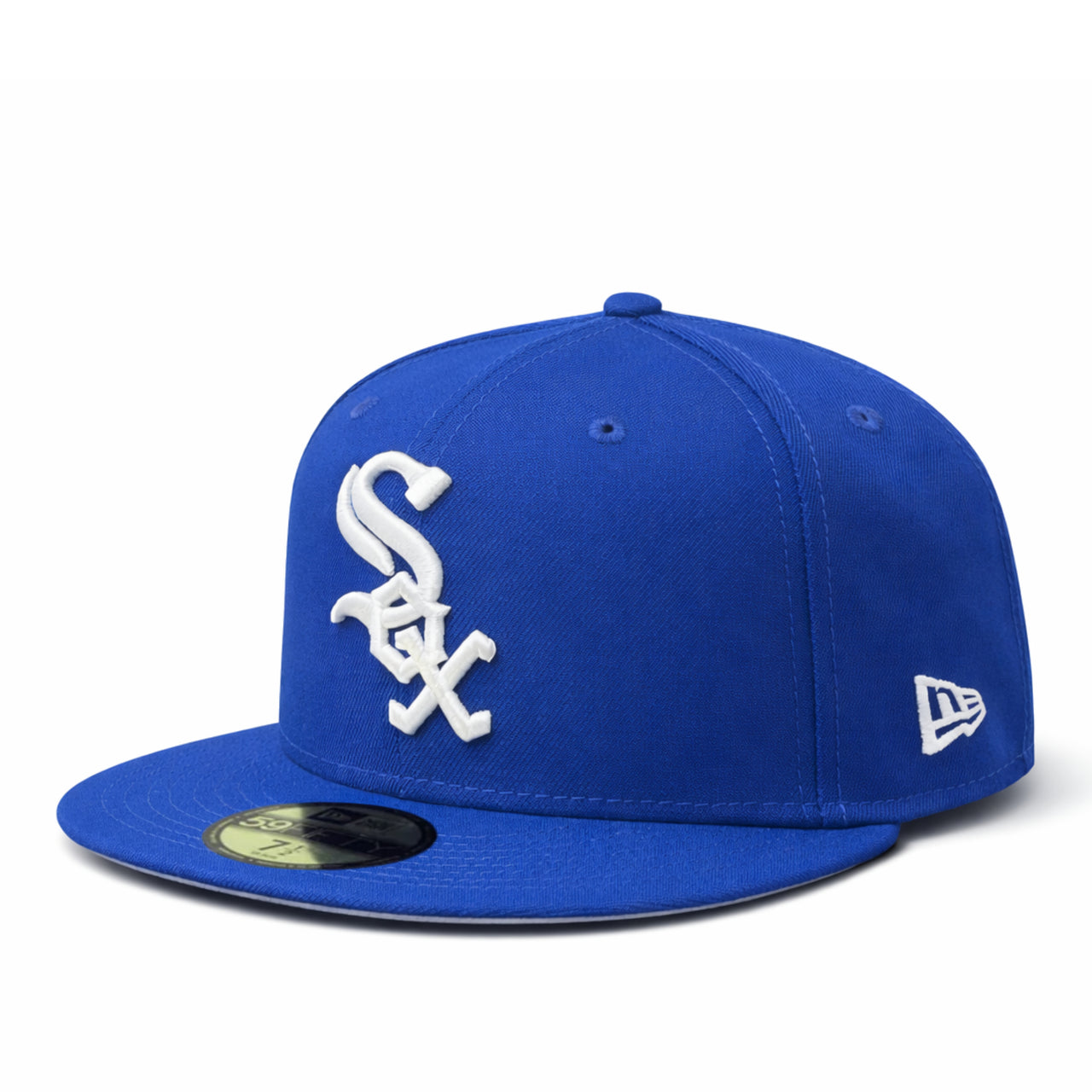 Blue baseball cap with a chicago white sox baseball team white logo on a white background