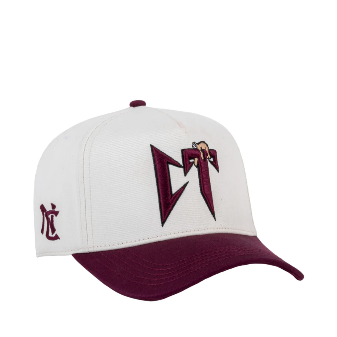 side of JC Brand Corridos Tumbados CT snapback hat in bone and burgundy color.