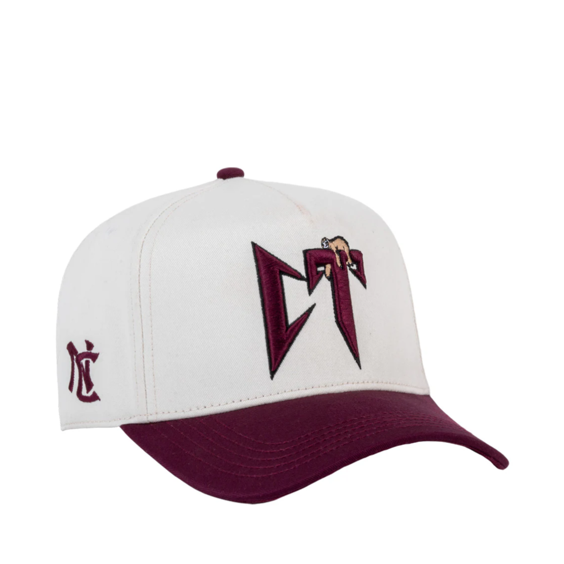 side of JC Brand Corridos Tumbados CT snapback hat in bone and burgundy color.