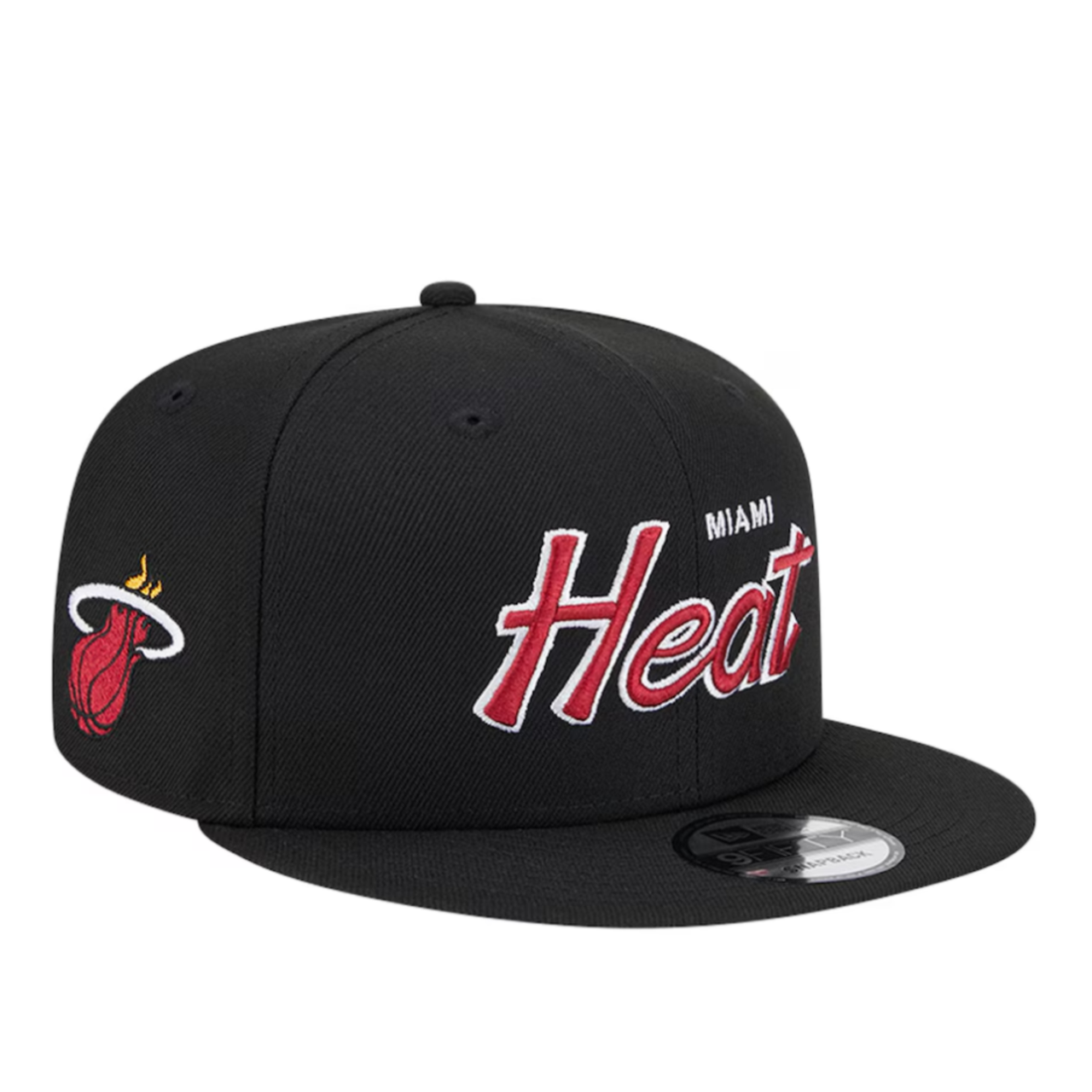 Black Miami Heat New Script logo with side patch New Era Men's Snapback Hat