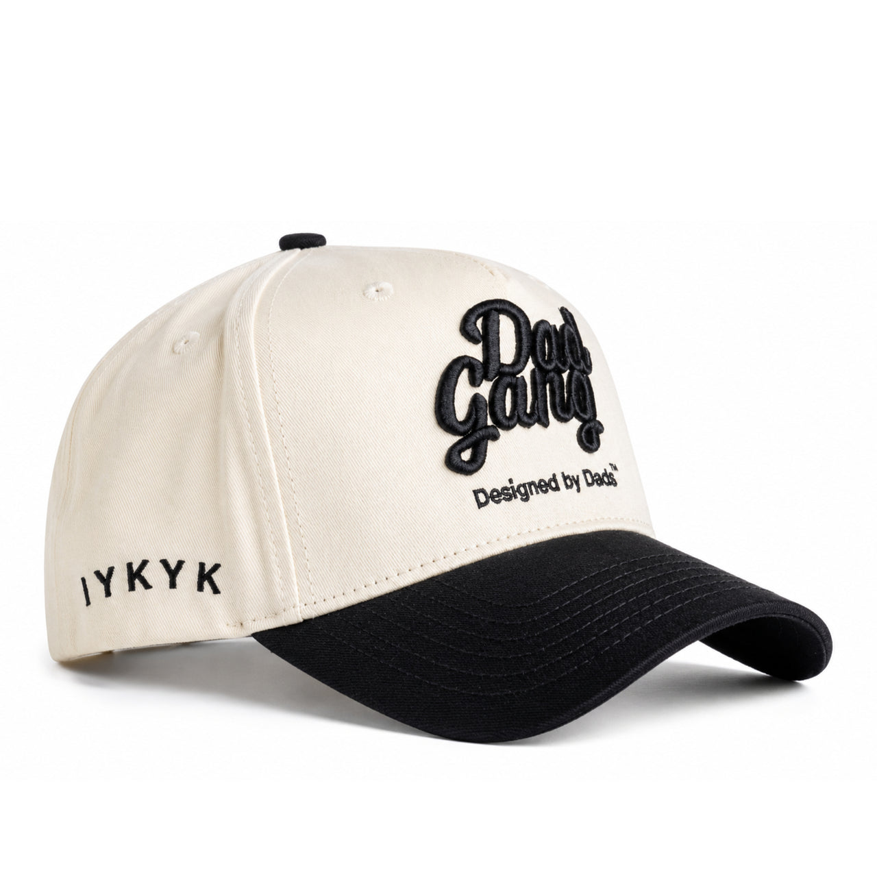 Dad Gang Cream Black Snapback Hat front side view