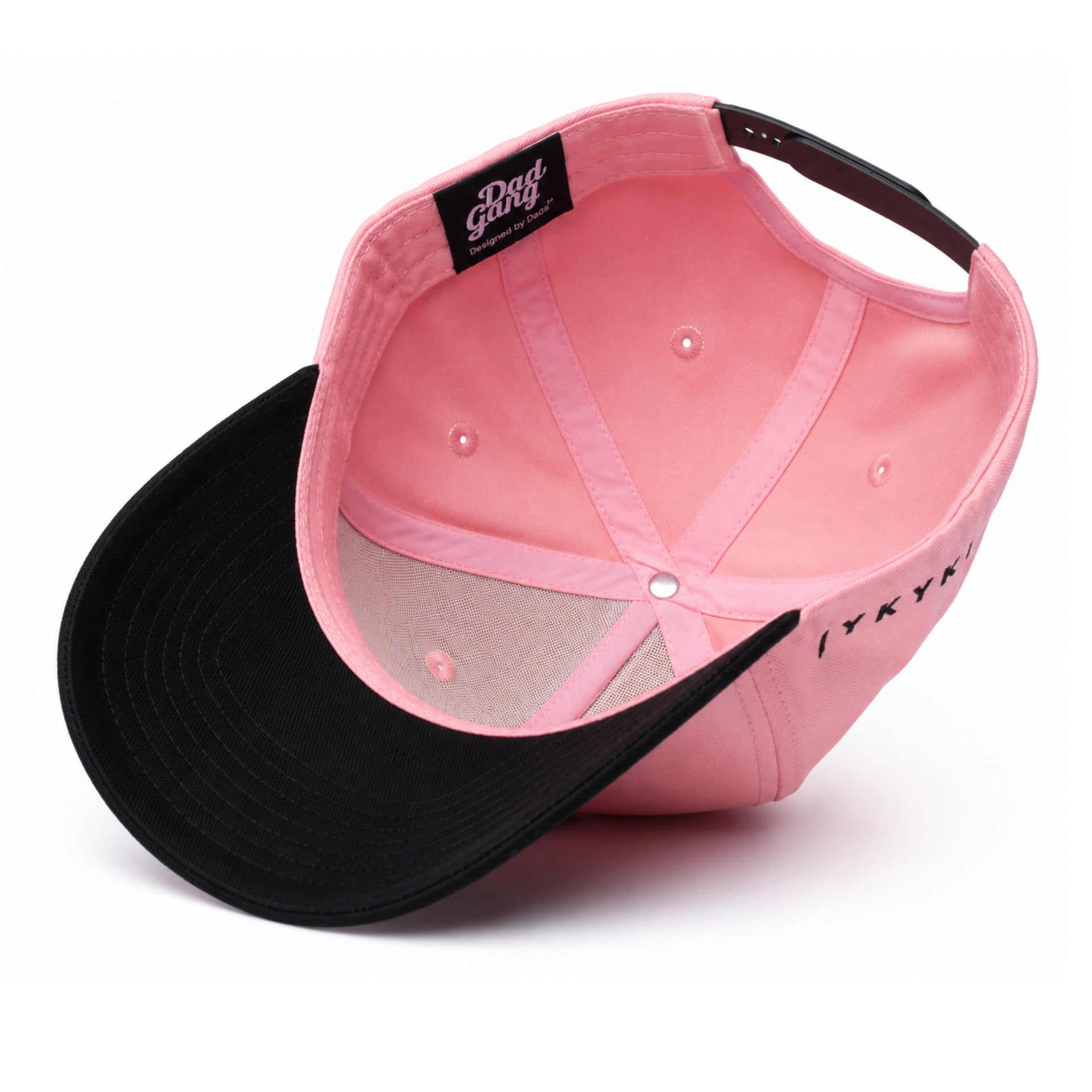 Dad Gang Dad's Heart Pink Black Snapback Hat under visor view