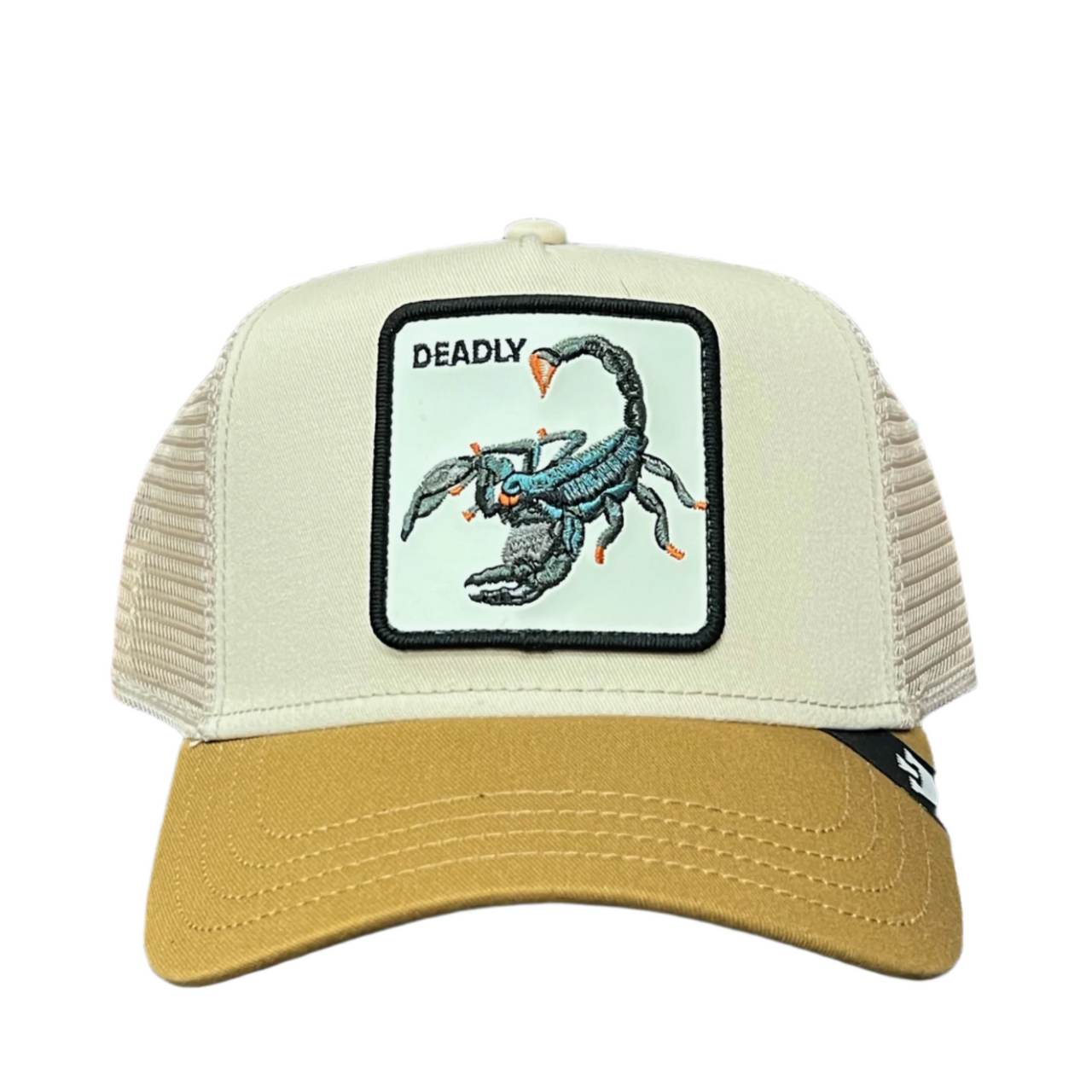 the goorin bros deadly scorpio trucker snapback hat taupe color