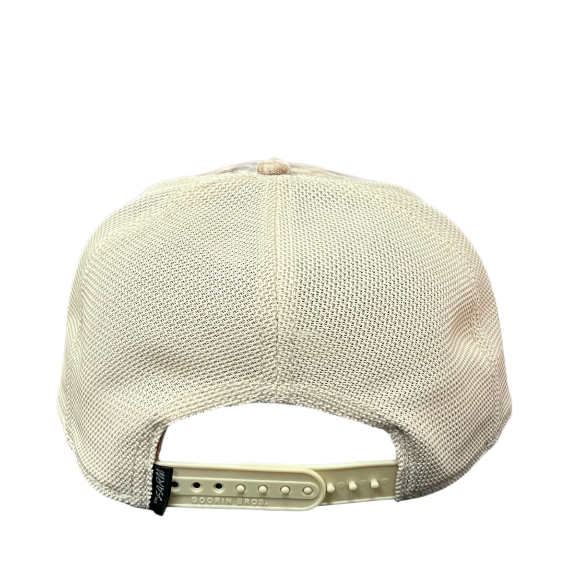 the back side of goorin bros dead skull horn trucker snapback hat