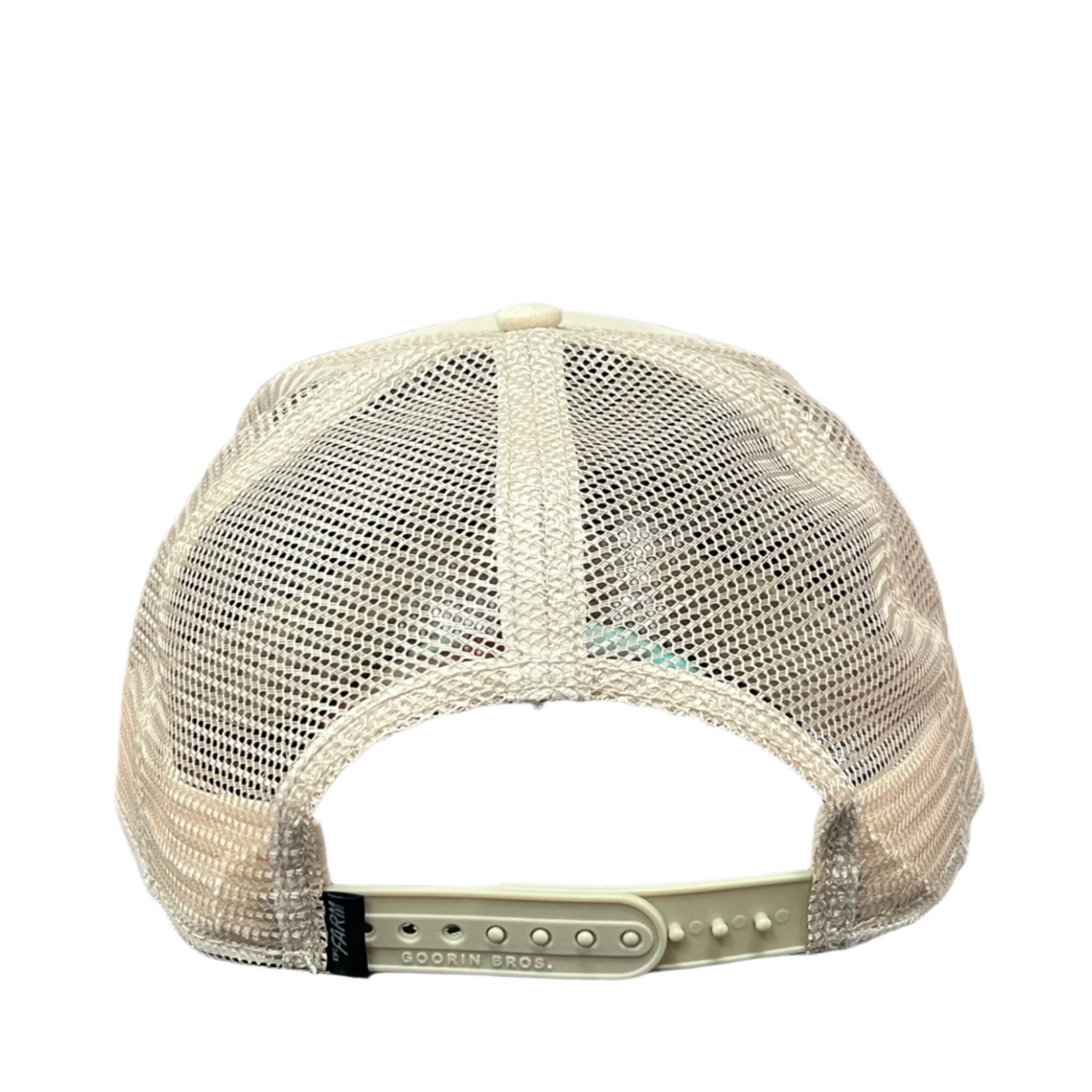 the back side of goorin bros deadly scorpio taupe color trucker snapback hat